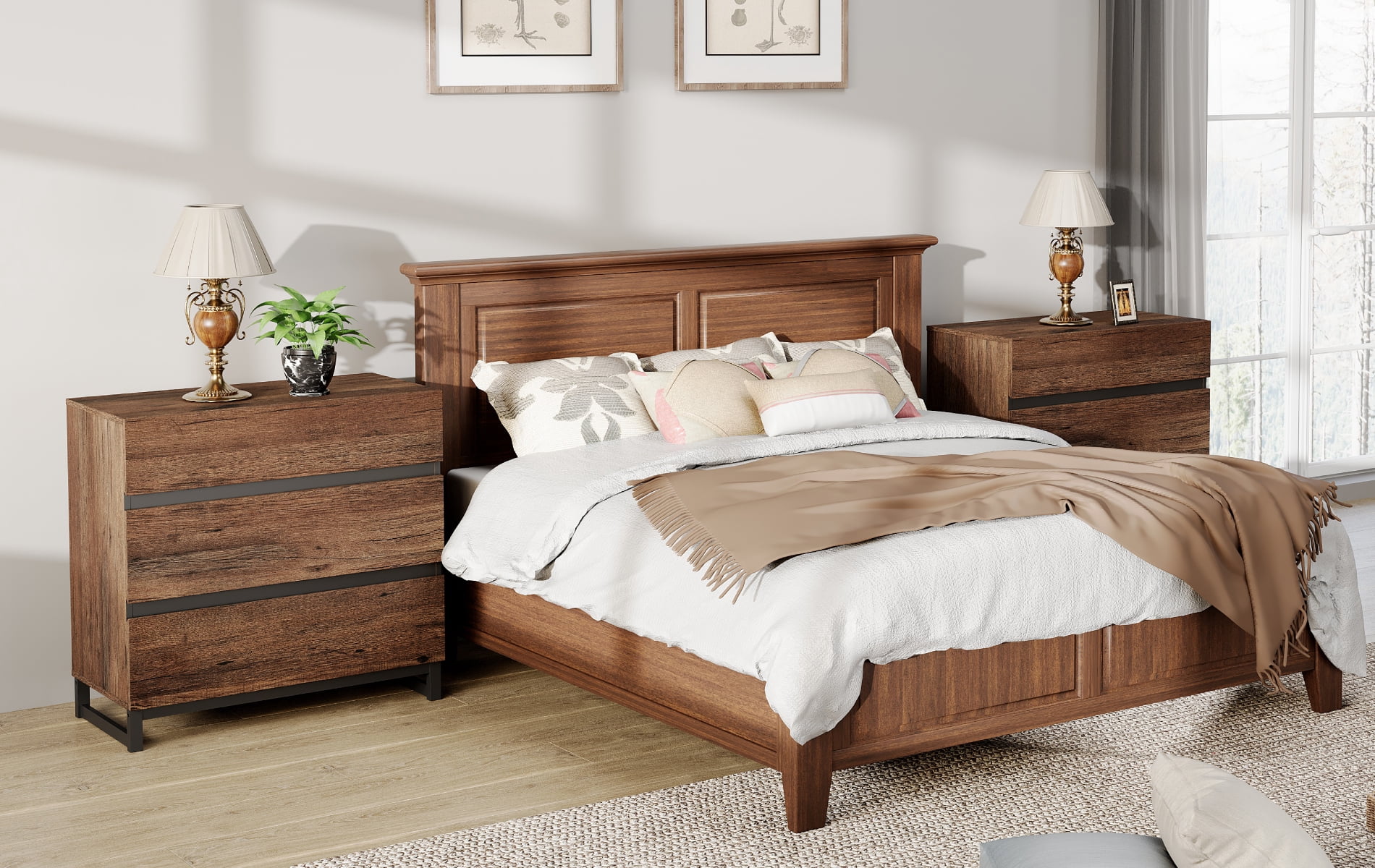 WAMPAT 2 Pack Rustic Wood Nightstand with 3 Drawers, Modern Bedroom Bedside Table with Black Square Iron Legs for Bedroom,Brown