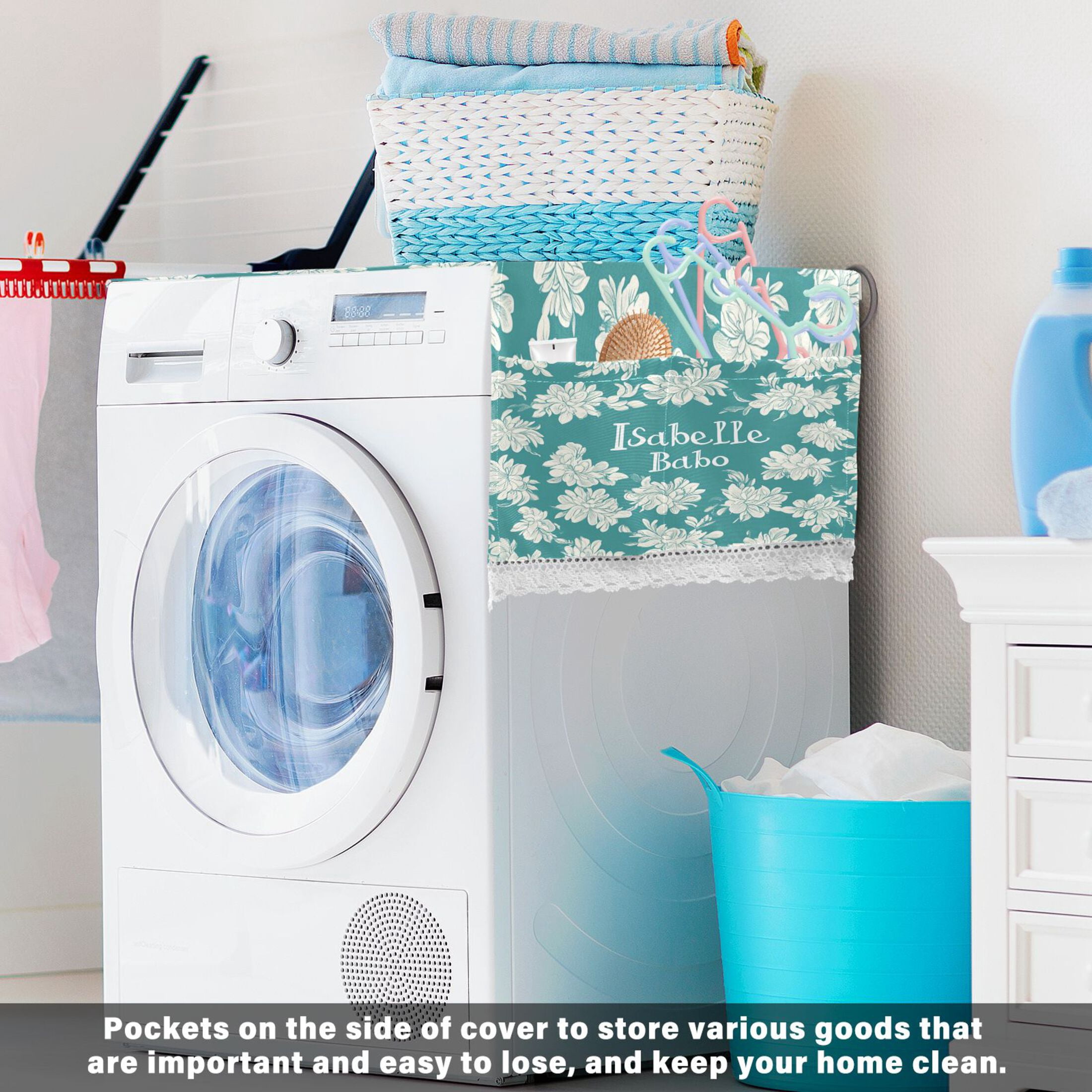 Isabelle BaboWasher and Dryer Covers Dust-Proof and Oil Resistant Fridge Cover with 4 Storage Pockets Washing Machine Top Cover for Laundry Kitchen Home 51.2 x 22 In