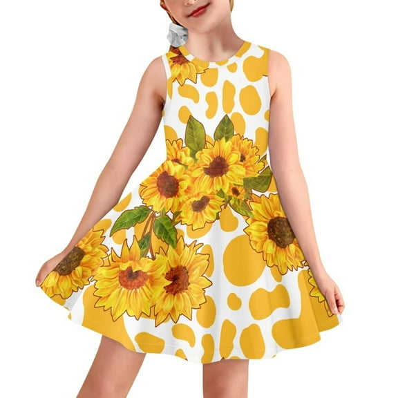 FOR U DESIGNS Yellow Cow Print Sleeveless Skater Dress for Girls 9-10 Years Old Sunflowers Kids Tank Dress Breathable Knee Length Princess Dresses for Toddler
