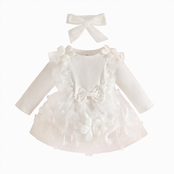 newwalpole Baby Girl Flower Dress Fall Winter, Tutu Tulle Princess Wedding Birthday Party Dresses for Newborn Girls 0-18 Months (White, 0-3 Months)