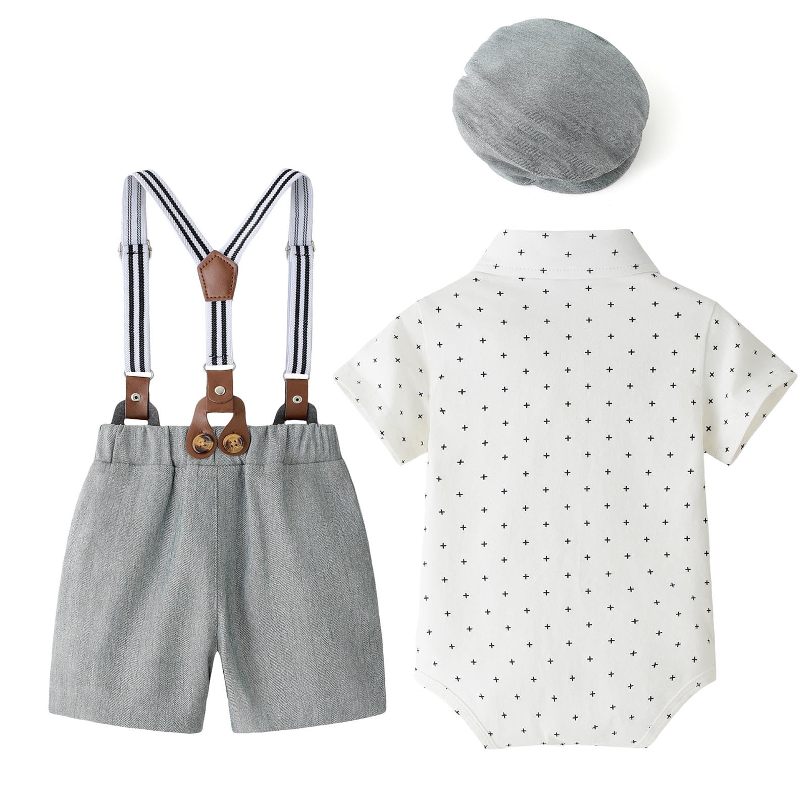 Wxirdiow Boys' Clothing Sets Baby Boy Clothes Suits Infant Tuxedo Gentleman Dress Shirt with Bowtie Beret Suspender Shorts Outfit Sets Grey Size,18-24 Months