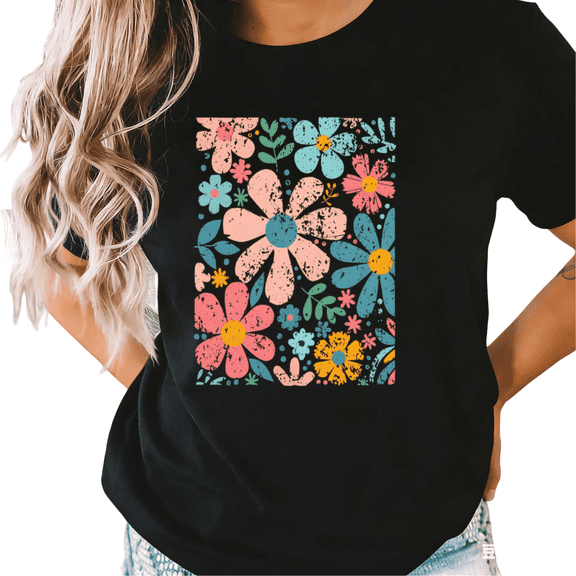 UNISHE Women's Distressed Retro Multicolor Daisy Floral Box Graphic Black Short Sleeve T-Shirt Casual Crewneck S-5XL Top