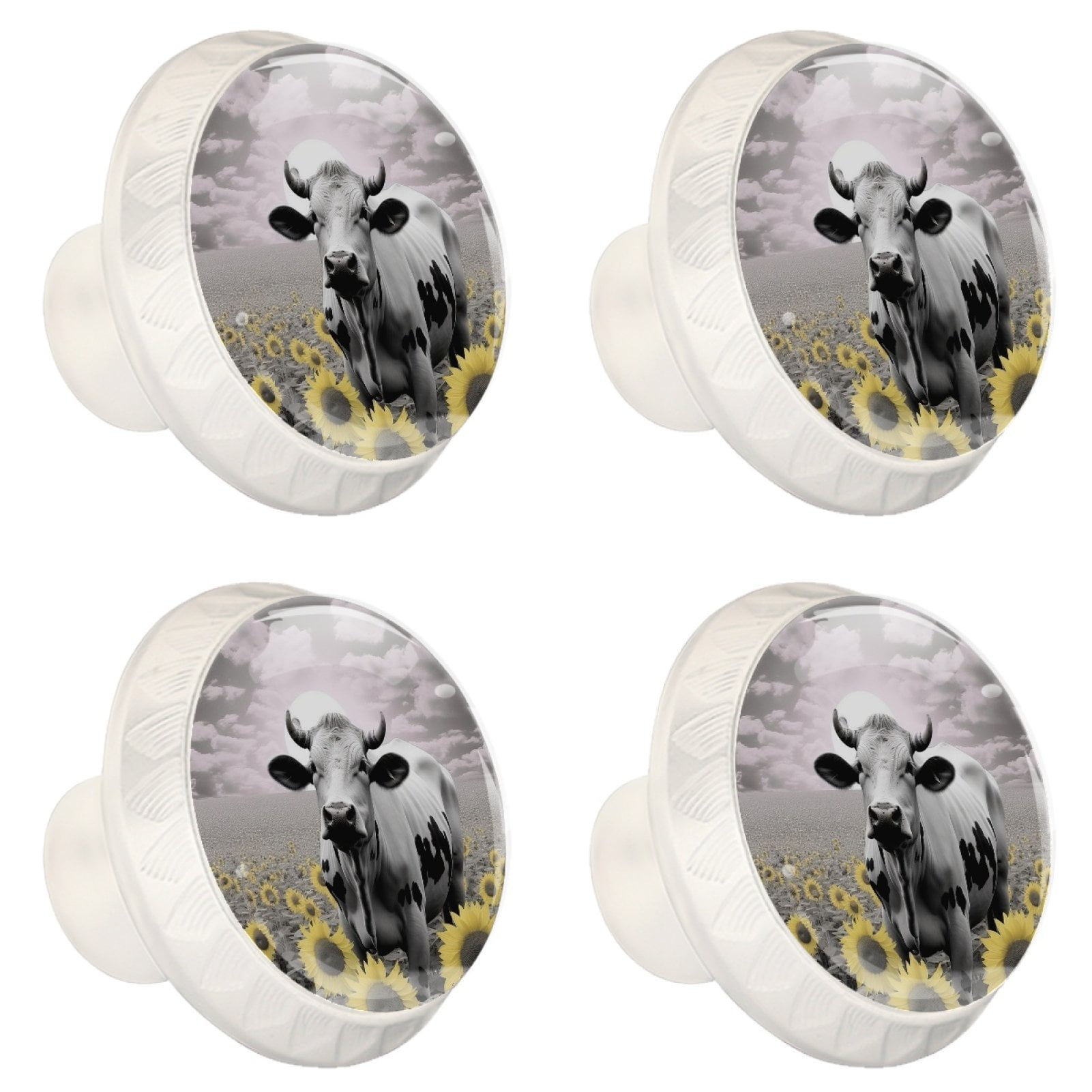 4 Pcs Cow and Sunflower Knobs for Kitchen Cabinet Cupboard Dresser Bookcase Drawer Pulls Handles Round Home Decor