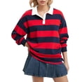 thumbnail image 2 of Women Long Sleeve Striped Polo Shirt Oversized Collar Y2k Pullover T Shirt Casual Loose Streetwear Rugby Sweatshirt，Wine，2XL, 2 of 7