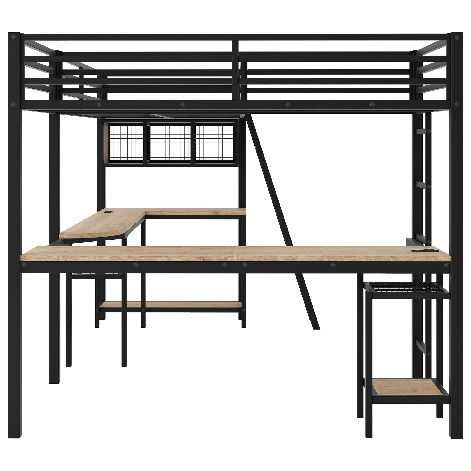 Euroco Twin L-Shaped Metal Loft Bed with Built-in Study Desk and Shelves, Gaming Bed with LED Light and USB Charging, Black