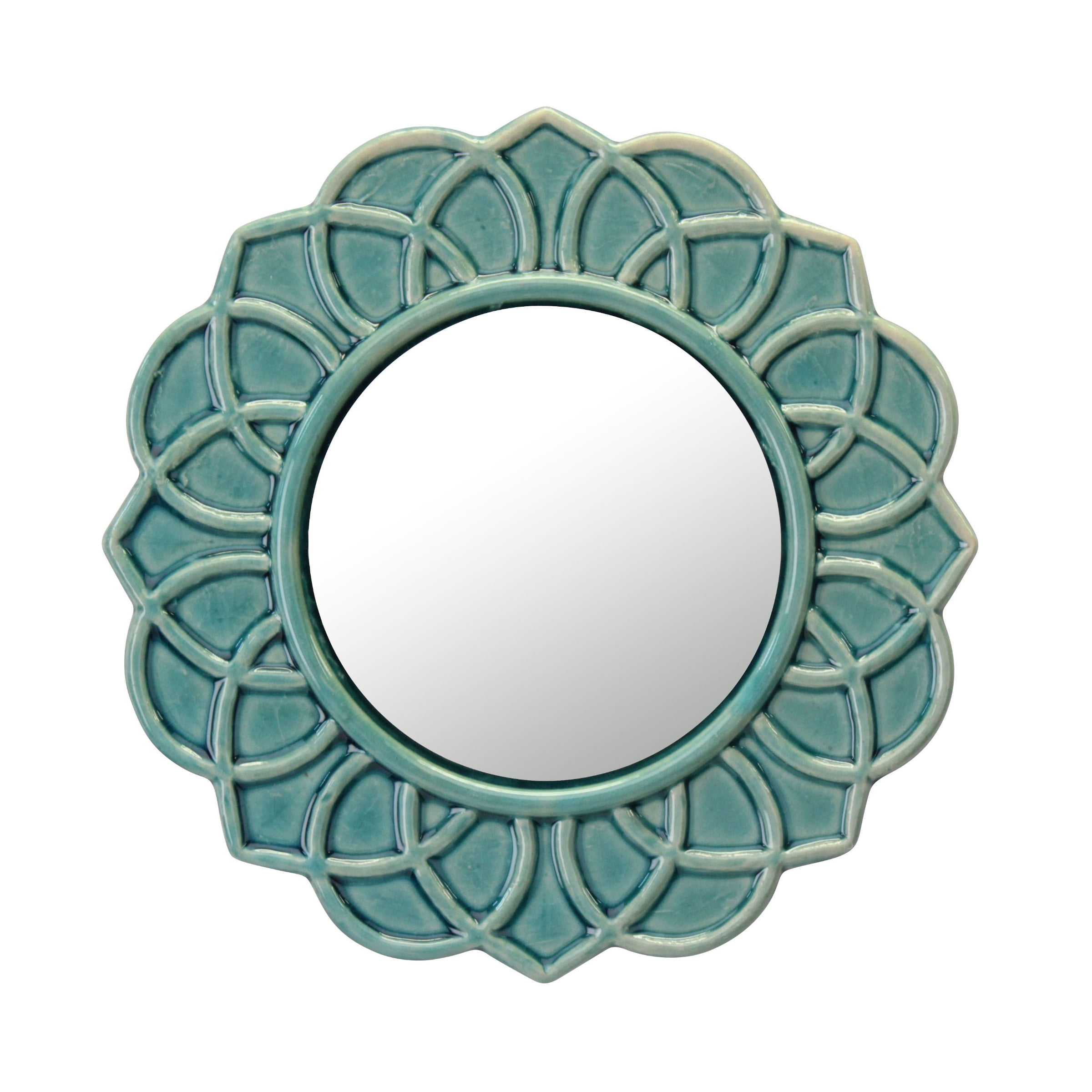 Stonebriar 9" Circular Ceramic Floral Wall Hanging Mirror, Turquoise