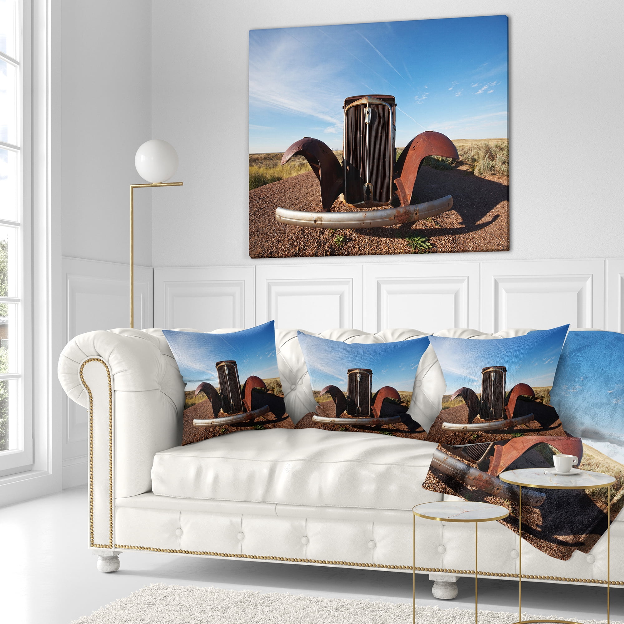 Designart Retro Car under Calm Blue Sky - Landscape Printed Throw Pillow - 18x18
