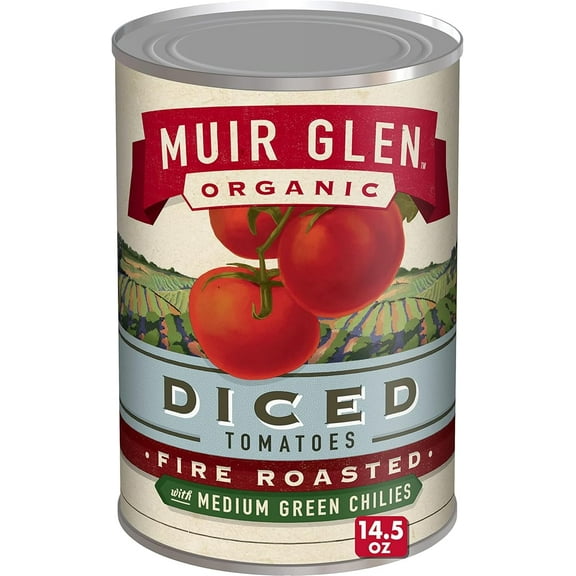 Muir Glen Organic Diced Fire Roasted Canned Tomatoes, with Medium Green Chilies, 14.5 oz.