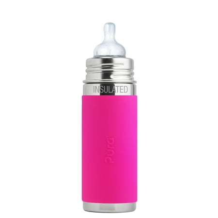 Pura Kiki 9 oz / 260 ml Stainless Steel Insulated Infant Bottle with Silicone Nipple & Sleeve, Pink (Plastic Free, NonToxic Certified, BPA