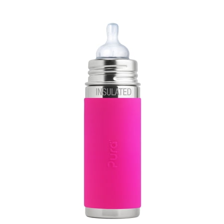 Pura Kiki 9 oz / 260 ml Stainless Steel Insulated Infant Bottle with Silicone Nipple & Sleeve, Pink (Plastic Free, NonToxic Certified, BPA Free)