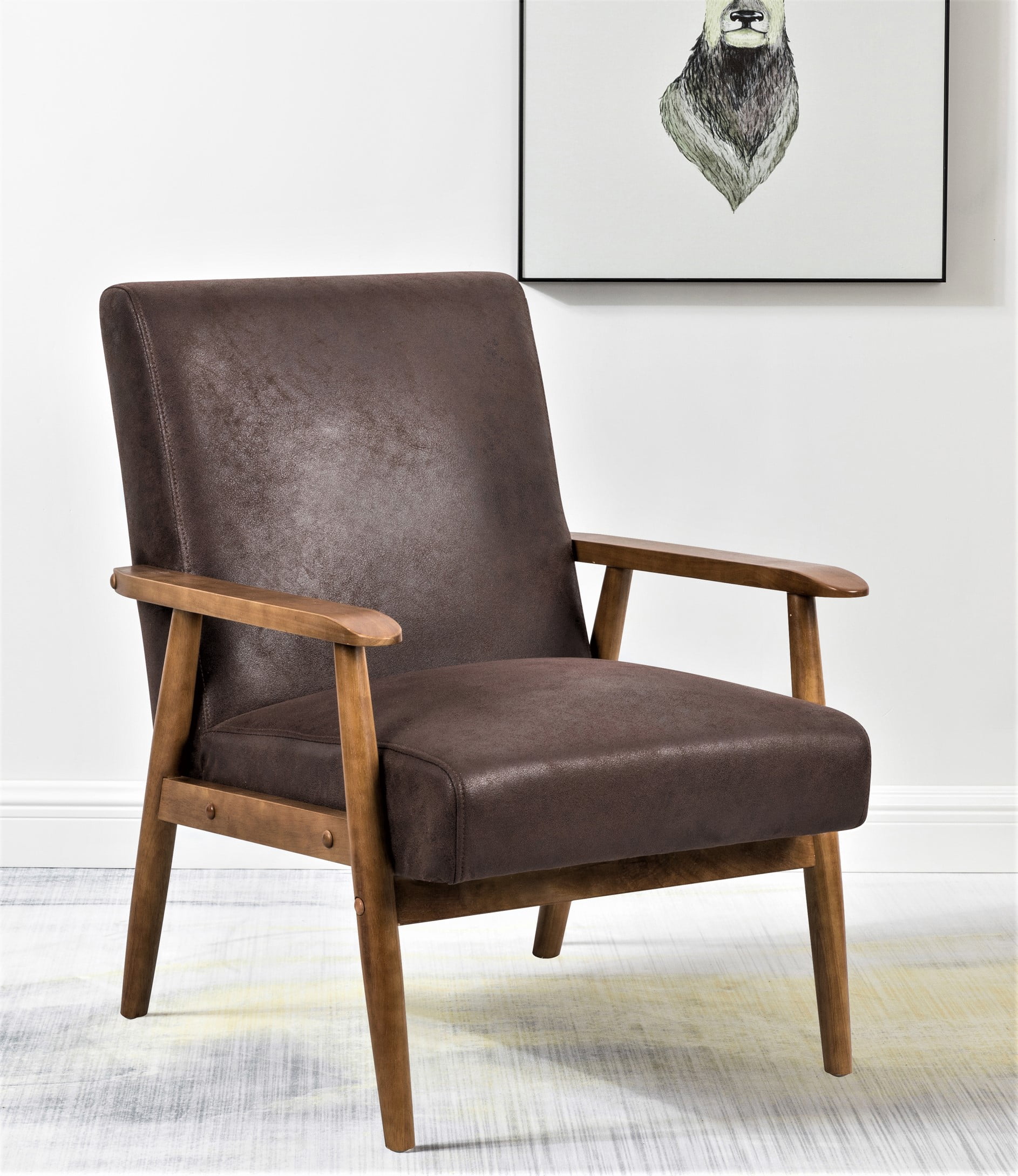 Mintazer Mid-Century Modern Leather-Look Accent Chair, Armchair for Living Room Bedroom, Brown