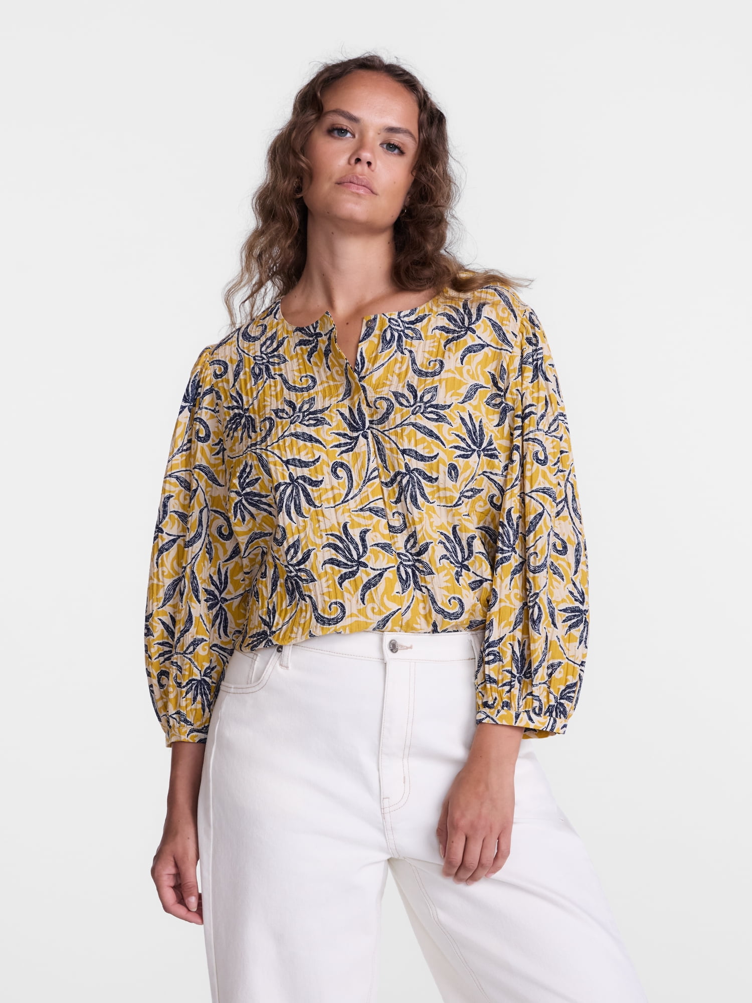 Scenario Women's and Women's Plus Blouse with 3/4-Length Puff Sleeves, Sizes XS-4X