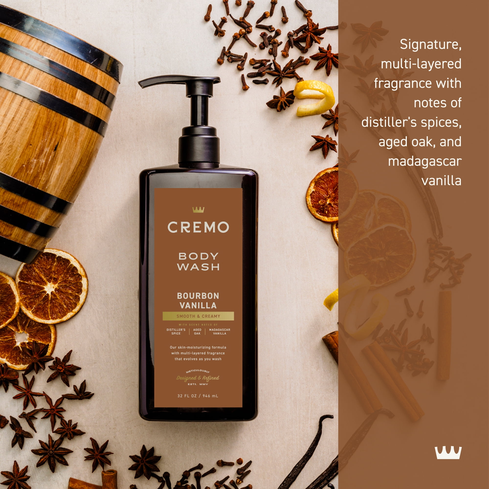 (4 pack) Cremo Men's Body Wash, Bourbon Vanilla Scent, 32 fl oz