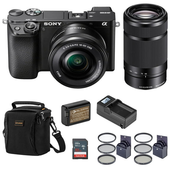 Sony Sony Alpha A6100 Mirrorless Digital Camera, with 16-50mm and 55-210mm Lens (Black) Basic Bundle with Filter Kit, Battery, Charger, Bag, 32GB SD Card