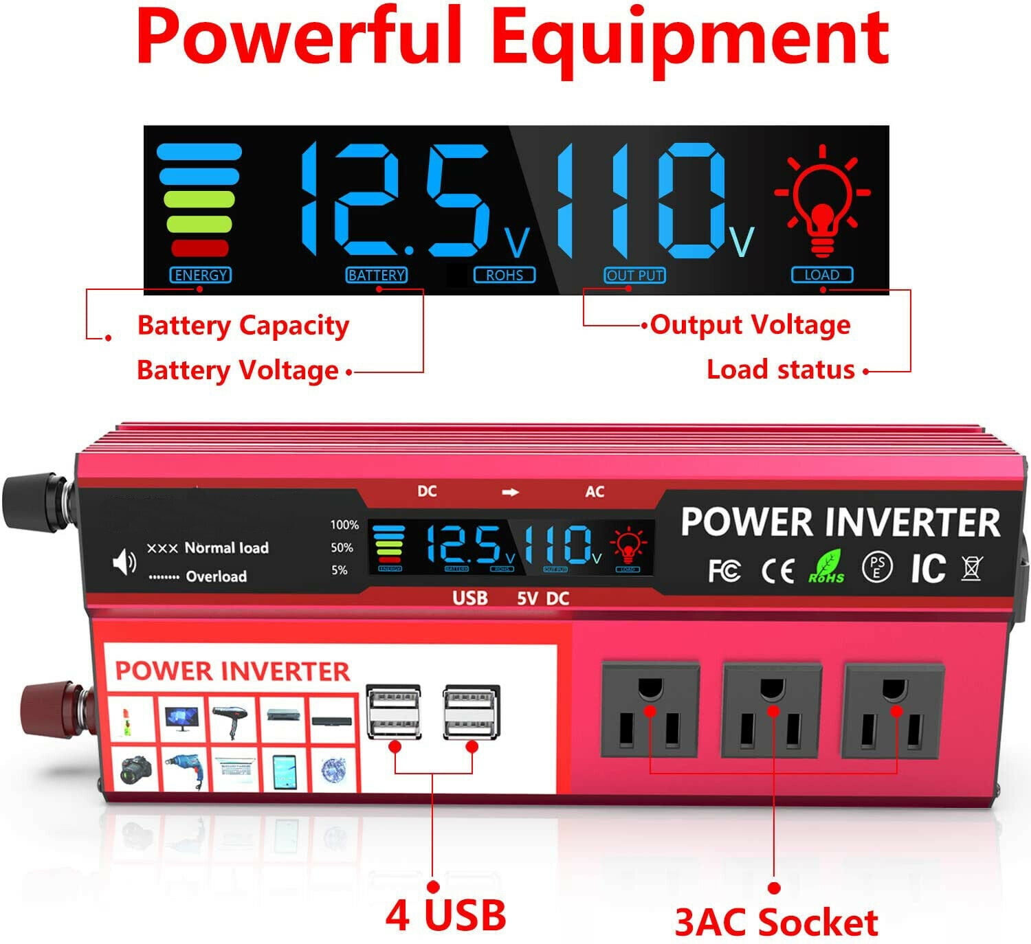 2000W Car Power Inverter DC 12V to AC 110V RV Solar Converter 3 AC 4 USB Outlets