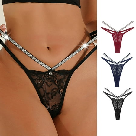 

rygai Women G-string Shiny Sequin Contrast Color Hollow Out See-through Adjustable Straps Pornographic Rhinestone Decor Lace Patchwork Lady Thong Women Underwear Wine Red XS