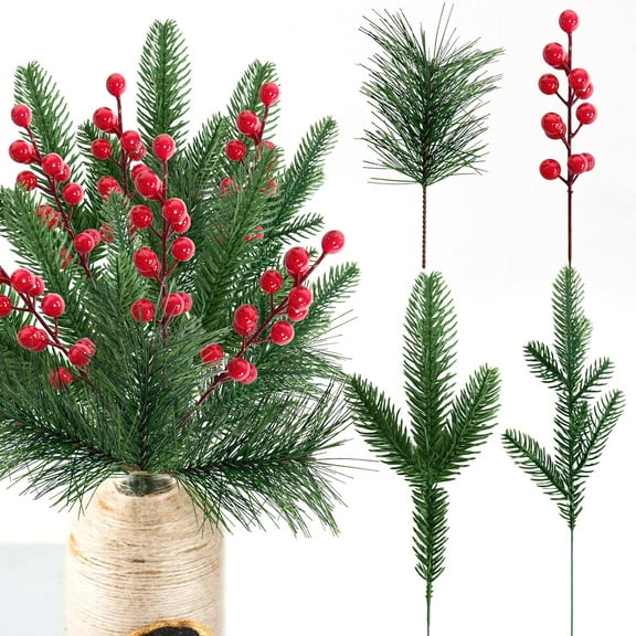 24 Pcs Christmas Artificial Pine Picks and Red Berry Stems, 10.5 Inch Greenery Pine Sprigs, 8 Inch Red Berry Branches, Faux Holiday Floral Picks for Wreaths, Garlands, Craft DIY, and Xmas Decorations