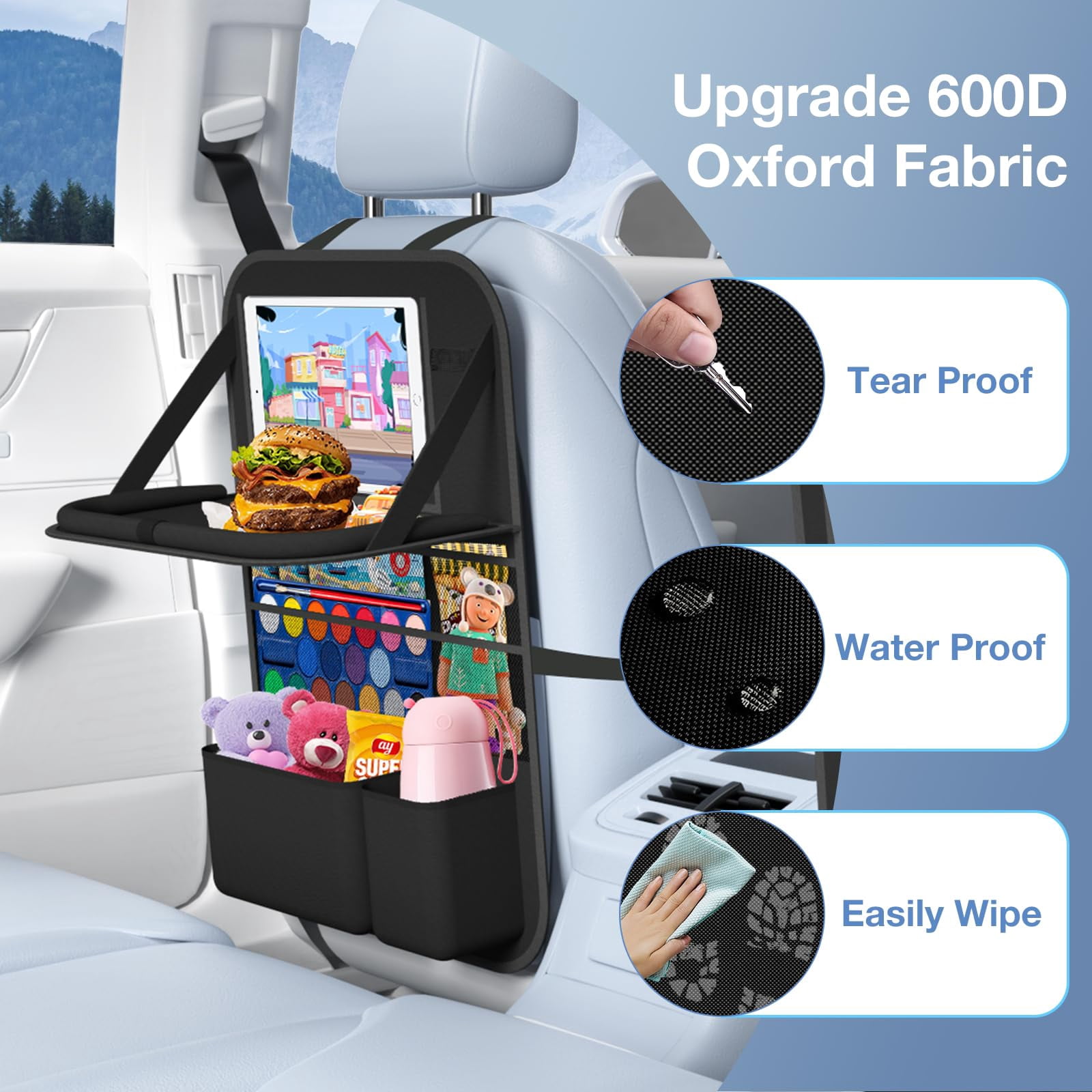 2-Pack Car Backseat Organizer with Table Tray,Supports up to 22 lb,9 Storage Pockets with Touch Screen Tablet Holder,Foldable Food Tray, Protective Kick Mats,Travel Accessories Organizer,Black