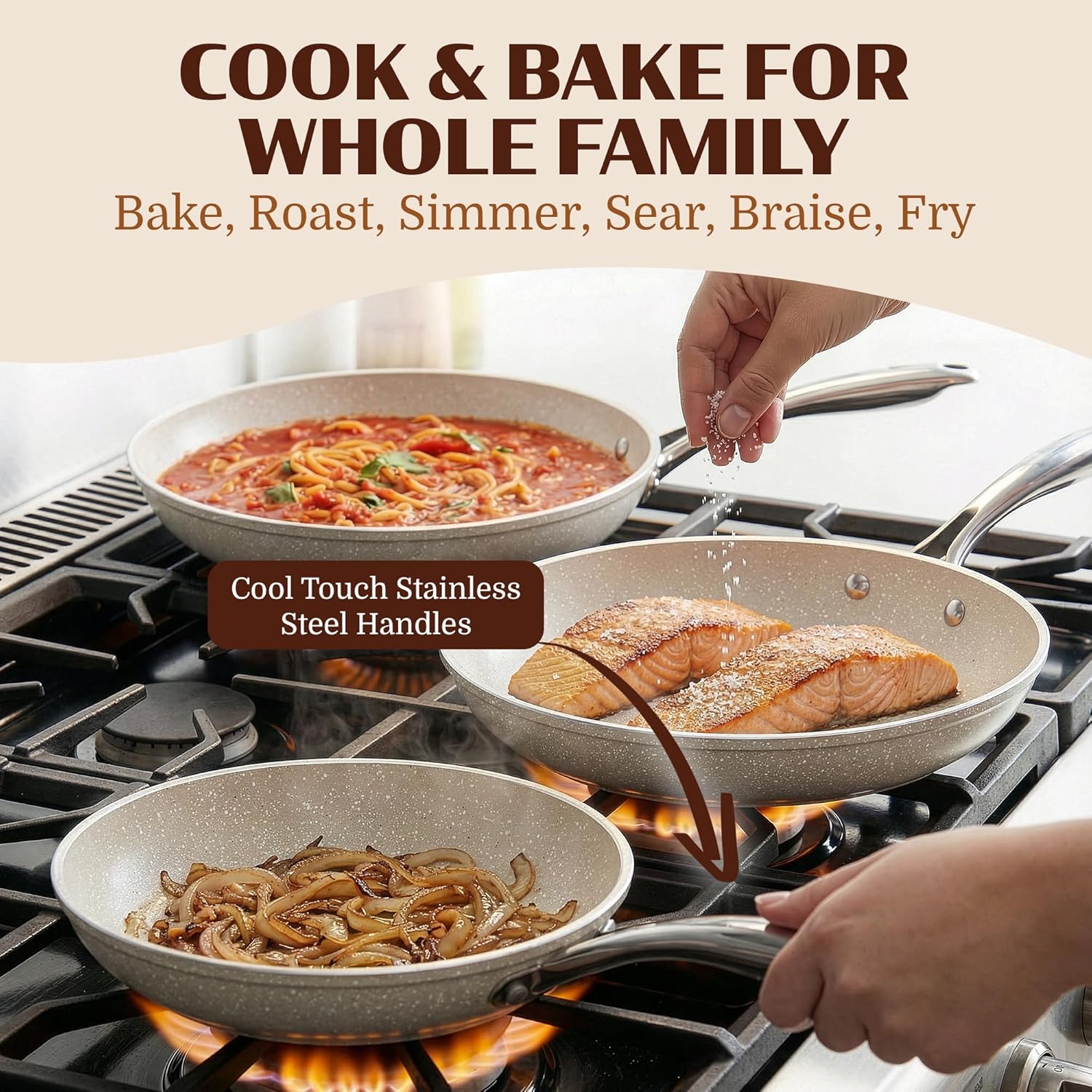 Ceraluxe 3pc Non Stick Frying Pans Set, 8,10,12 inch Ceramic Frying Pan Skillet Set, Non Toxic Frying pans Nonstick for Cooking, Induction Ready, PFOA , Oven & Dishwasher Safe - Taupe
