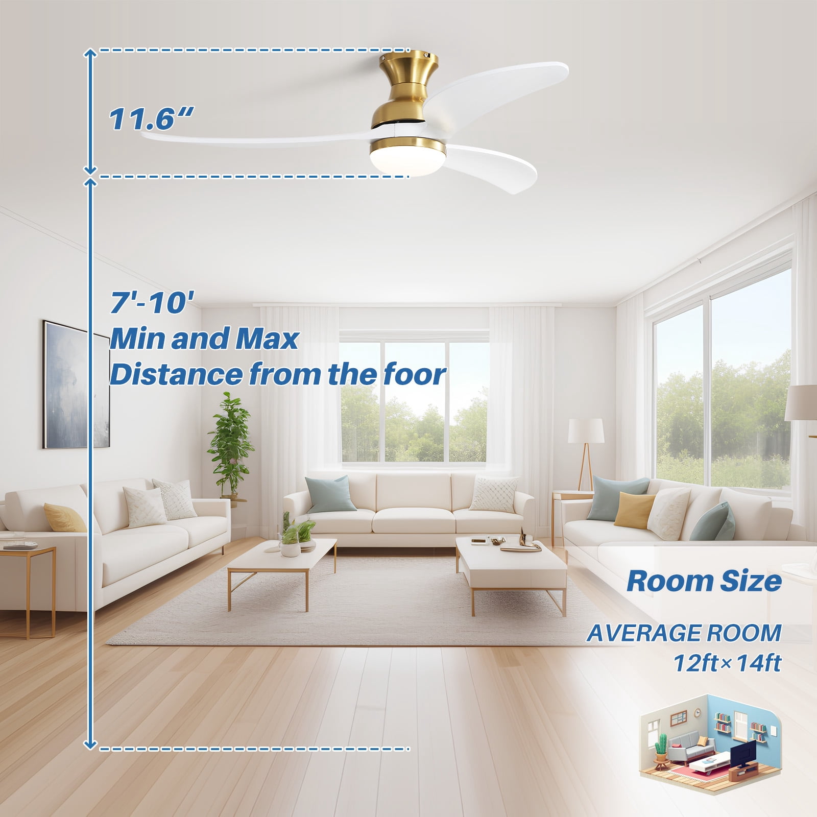 Sofucor 52" Gold Modern Ceiling Fan with LED Light and Remote Control