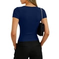thumbnail image 4 of Womens Square Neck Short Sleeve Shirts Slim Fit Cap Sleeve Tops Summer Basic Low Cut Tee Fashion Navy M, 4 of 5