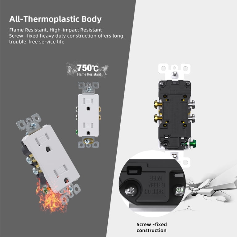 50 Pack Tamper-Resistant Decorator Outlets – 15 Amp, Glossy White, Self-Grounding With Wall Plates