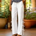 thumbnail image 2 of Women's Wide Leg Cotton Pants Elastic Waist Side Slit with Bow Tie Loose Trousers with Pockets Trendy Casual Summer Pants White, 2 of 5