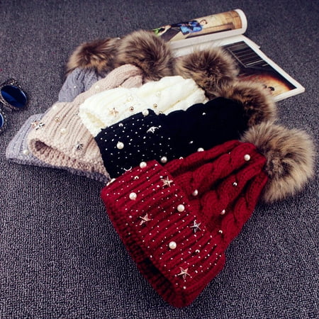 Crochet Winter Beanie - Fashion Women Lady Faux Fur Ball Winter Warm Crochet Knitted Hat Cap Beanie