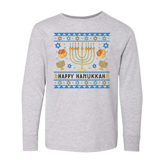 Inktastic Happy Hanukkah Sweater Style Design with Menorah and Dreidel Long Sleeve Youth T-Shirt