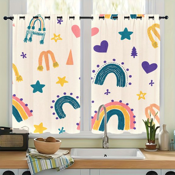 WNOOHIY Cute Rainbow Star Heart Print Grommet Blackout Curtains, Thermal Insulated Noise‑Reducing Room Darkening Curtain Drapes for Bedroom Living Room, 2Pcs