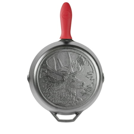 Lodge 12" Cast Iron Skillet-Wildlife Series-Elk Scene, with Red Silicone Hot Handle Holder, L10SKWLEATS4
