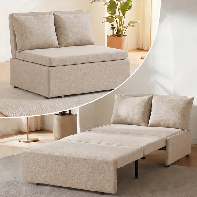 Puremind Canapé-Lit Escamotable Format Simple, Canapé-Lit Convertible en Lin, Causeuse Canapé Escamotable pour Petit Espace/appartement/bureau, Beige