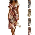thumbnail image 1 of QIUOMBBP Robes Midi d'Été pour Femmes à Manches Courtes, Col en V, Imprimé Floral, Robe Fluide, Grande Taille, Décontractée, Plage, Vacances, Robe d'Été, Rouge Melon D\'eau, TTTG, 1 of 1