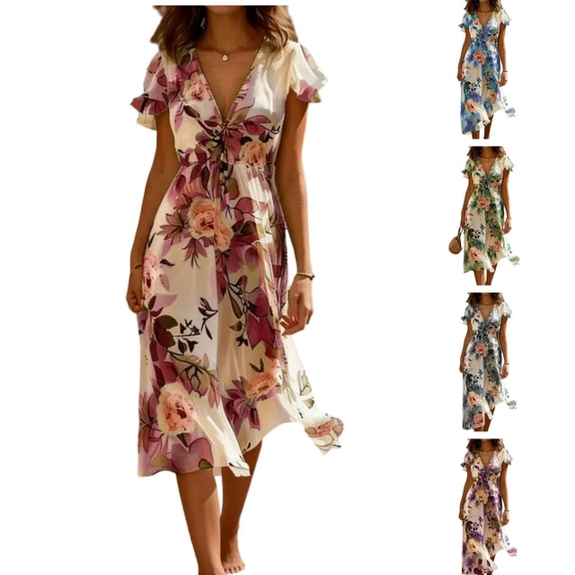 QIUOMBBP Robes Midi d'Été pour Femmes à Manches Courtes, Col en V, Imprimé Floral, Robe Fluide, Grande Taille, Décontractée, Plage, Vacances, Robe d'Été, Rouge Melon D\'eau, TTTG