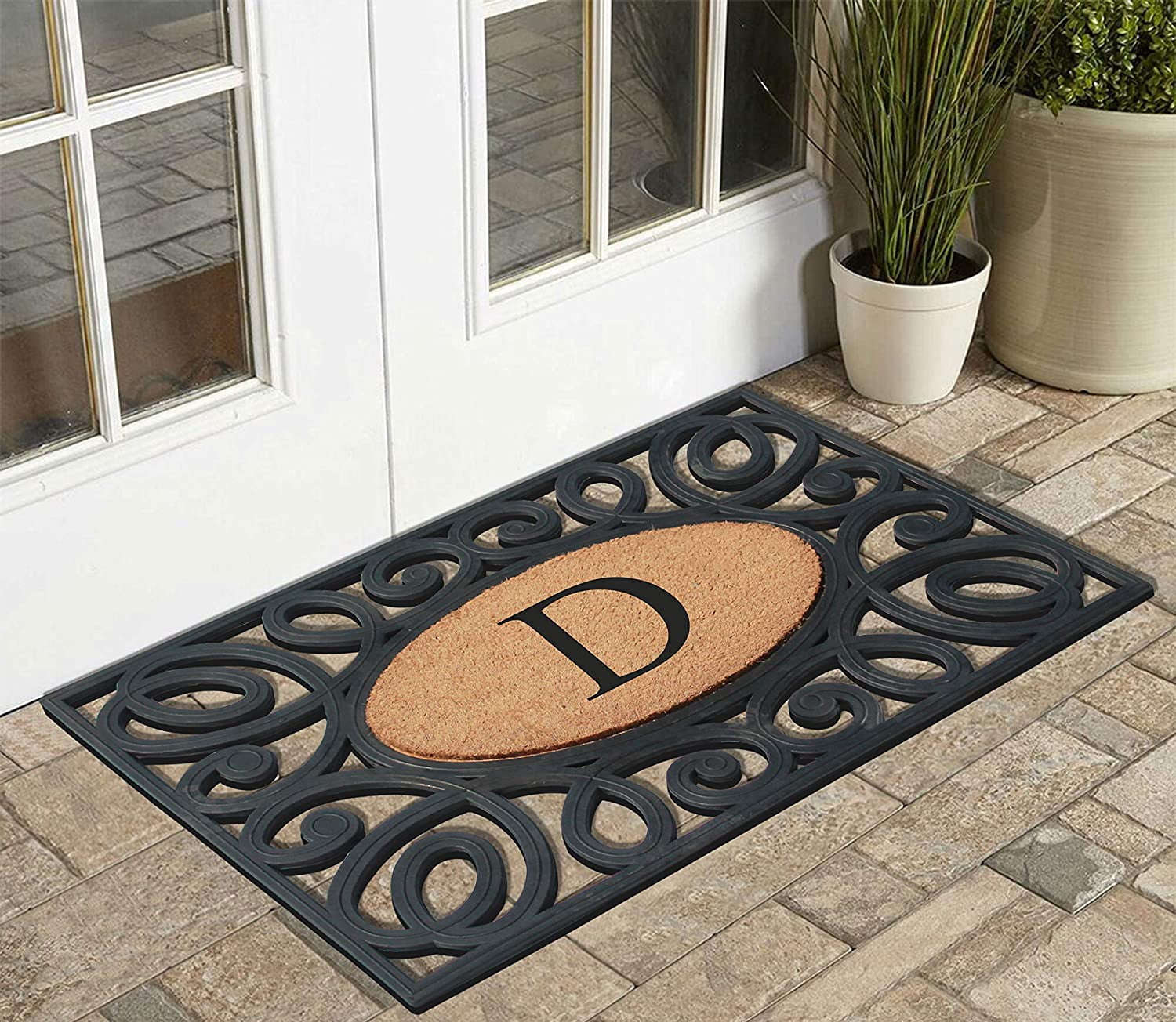 A1HC Elegant Circles Rubber and Coir Mat for Outdoor Entrance Heavy Duty Monogrammed Doormat Black/Beige 23x38