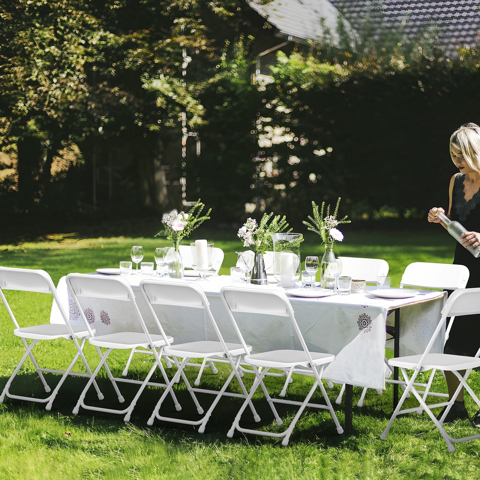 Capri White Plastic Folding Chair 4 Pack with Steel Frame, Hold up to 350 lbs, Indoor Outdoor Portable Stackable Event Chair Commercial Seat for Dining Wedding Party Office Picnic Kitchen