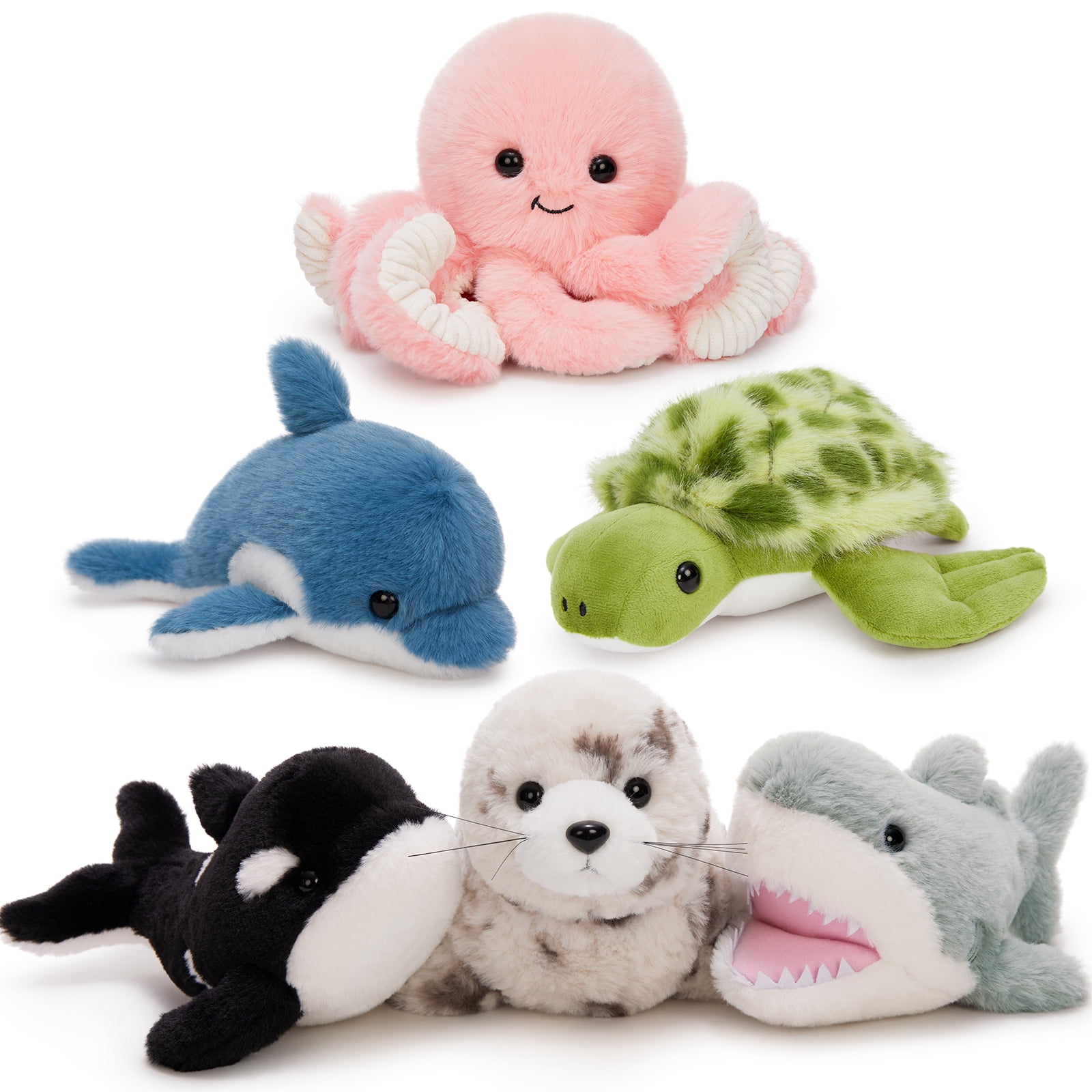 MaoGoLan 6PCS Sea Stuffed Animals Set 9'' Marine Creatures Bulk With Whales/Sharks/Seals/Turtles/Dolphins/Octopus Plush Toy