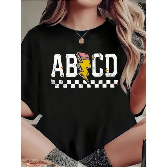 Letter Graphic Tee Trendy Stylish T-Shirt Top Casual Short Sleeve Cotton Letter Design Black S-5XL