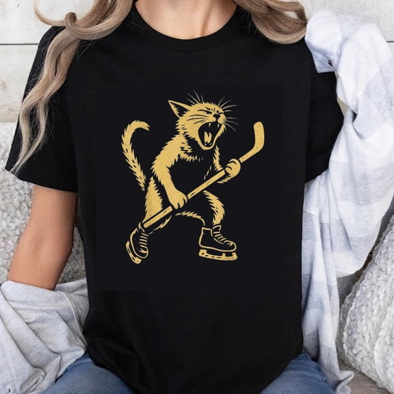 100% Cotton Cat Playing Hockey On Skates T-Shirt