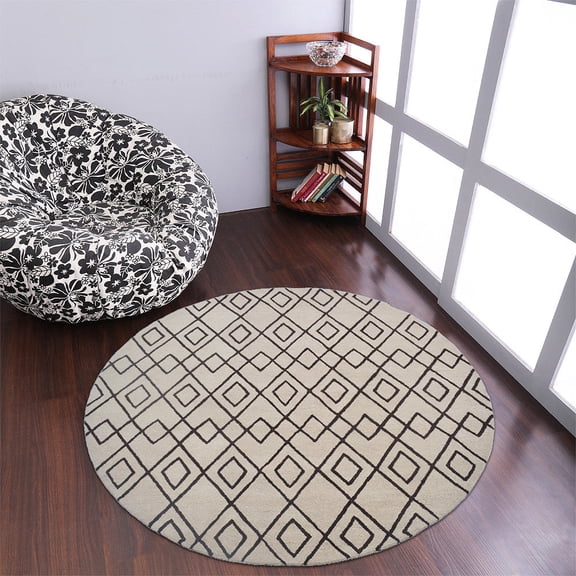 Rugsotic Carpets Hand Tufted Wool Eco-Friendly 8'x8' Area Rugs Round Cream Brown Geometric Modern High Pile Thick Handmade Anti Skid Indoor Rug for Living Room, Bedroom K04510