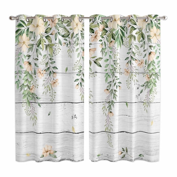 Curtains 63 Inch Length 2 Panels, Watercolor Floral Grommets Window Treatment Curtain, Spring Flowers Leaves Botanical Wood Grain Thermal Curtains Drapes for Living Room/Bathroom