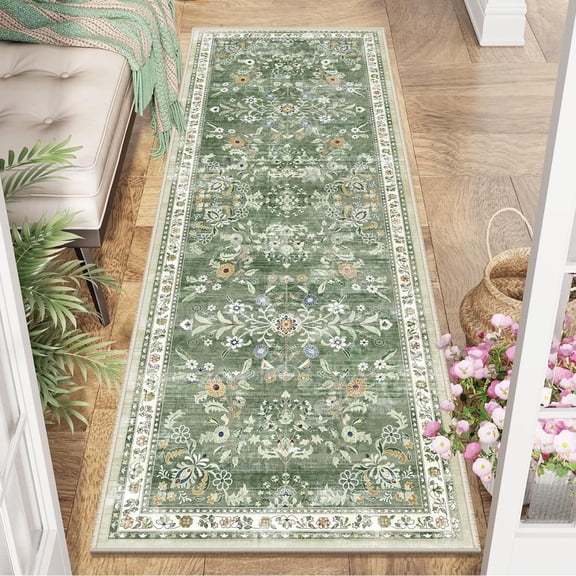 MJIAexp 2'x6' Boho Runner Rug,Non Slip Washable Floral Hallway Runner Rug with Rubber Backing, Low Pile Faux Wool Distressed Carpet for Kitchen, Laundry, Bedroom, Entrance,Green