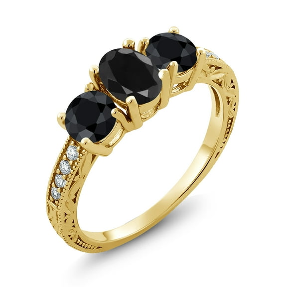 Gem Stone King 2.60 Ct Oval Black Sapphire 18K Yellow Gold Plated Silver Moissanite Ring (Size 7)