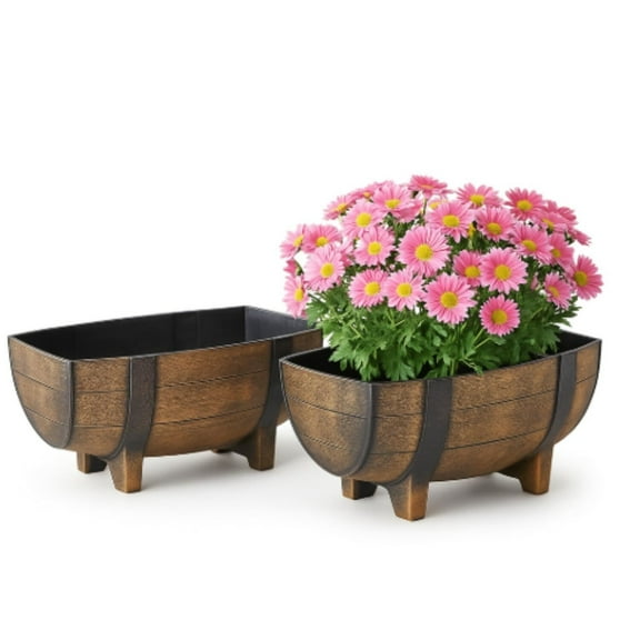 Rustic Half Barrel Planters Weather Resistant Decorative Accent with Removable Drain Screen