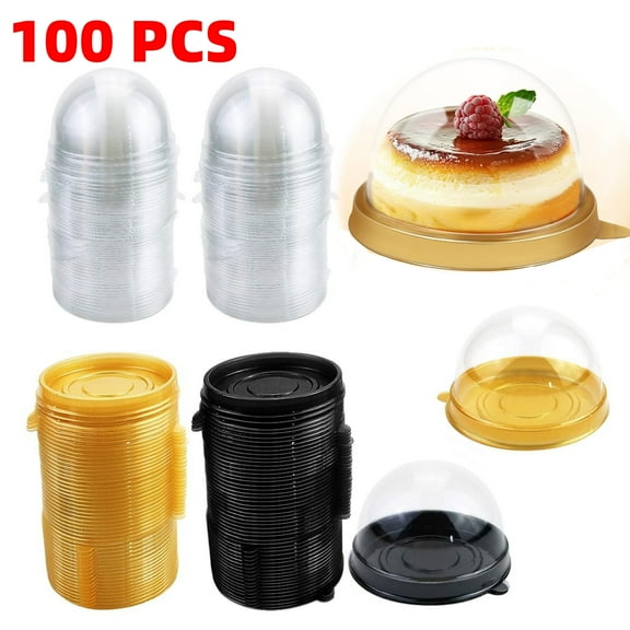 100Pcs Mini Cake Containers with Clear Dome Lids for Mini Desserts Cupcake, Cheesecake, Cocoa Bomb, Strawberry, Mooncake - Gold, Black