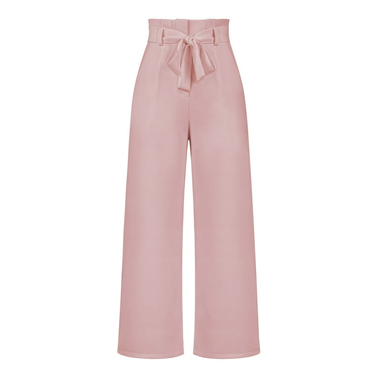 JWZUY Casual Solid High Waist Tie Front Wide Leg with Pockets Office Flowy  Pants Pink S