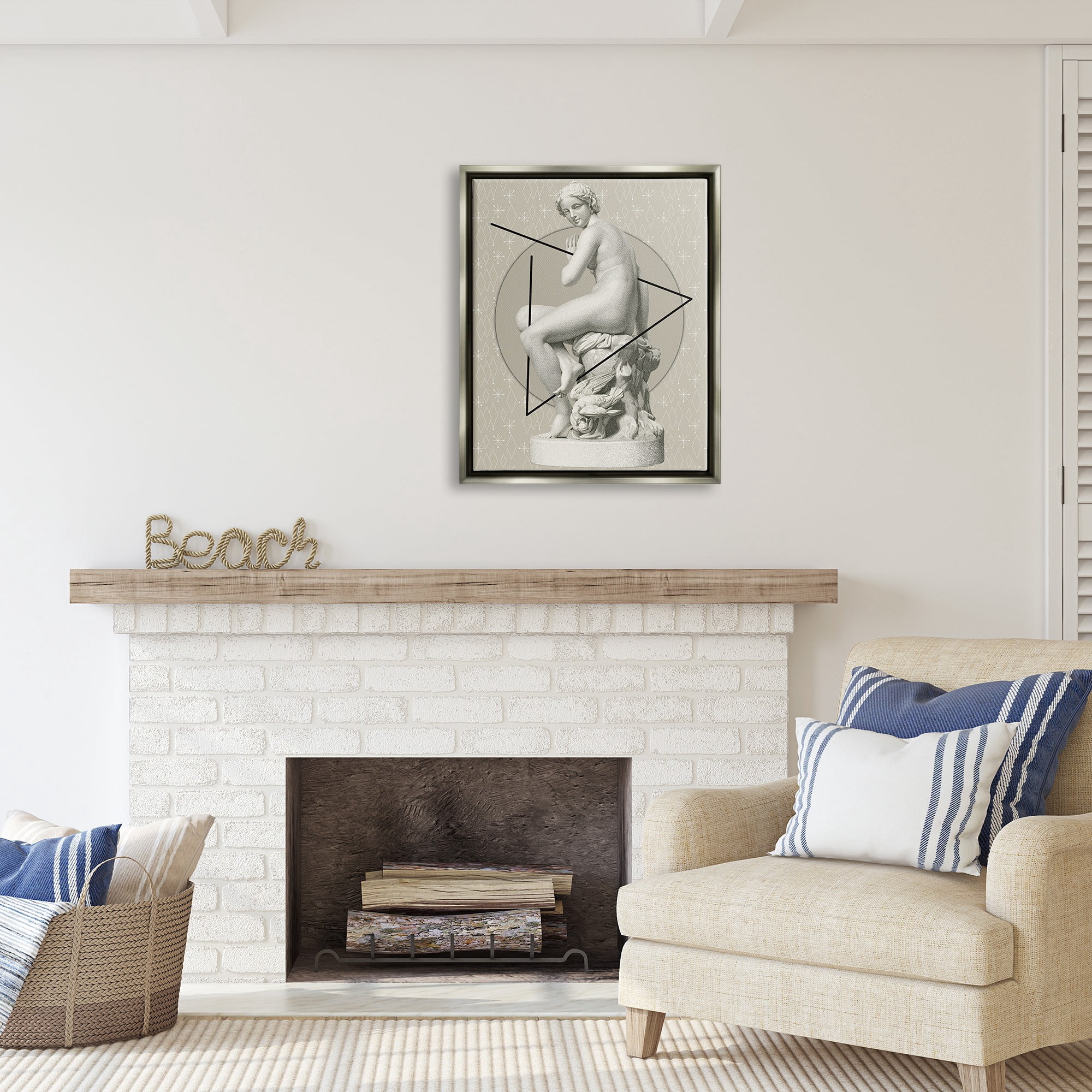 Stupell Industries Geometric Classical Statue Abstract Painting Gray Floater Framed Canvas Art Print Wall Art, 25 x 31