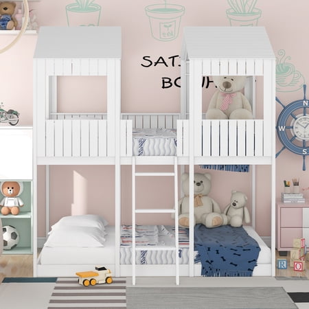 Full Over Full Bunk Bed for Kids Teens  Solid Wood Full Bunk Bed Frame with Window  Guardrail  Roof for Girls  Boys