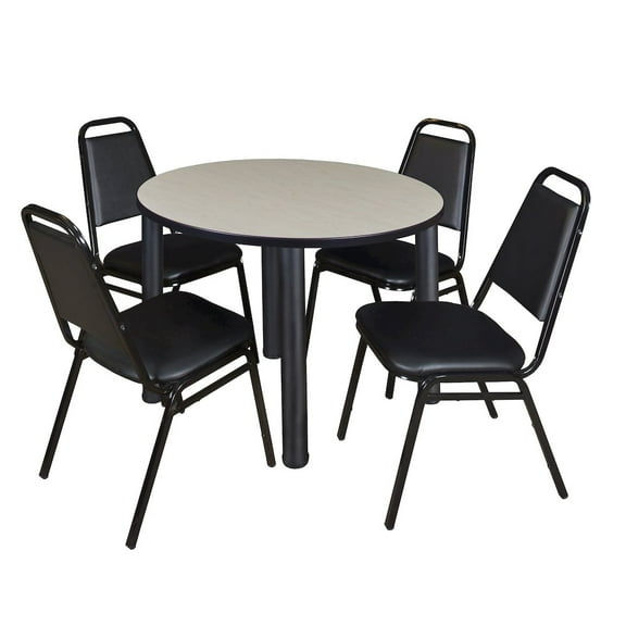 Regency 36 Round Breakroom Table- Mahogany Top, Chrome Legs, 4 Restaurant Stack Chairs