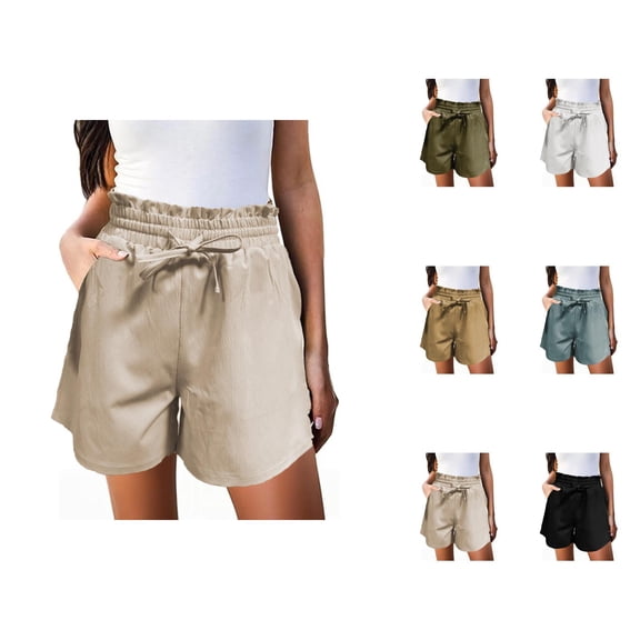Cotton Linen Shorts for Women Summer Casual Lightweight Elastic High Waist Wide Leg Loose Flowy Beach Shorts with Pockets